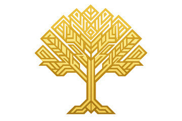 Geometric golden tree logo with wheat ears, stylized agricultural harvest symbol representing growth and abundance in art deco style