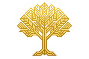 Geometric golden tree logo with wheat ears, stylized agricultural harvest symbol representing growth and abundance in art deco style