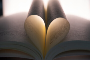 Pages of an open book folded into a heart shape, symbolizing love for reading, literature, and romance, with soft warm backlight and artistic composition.