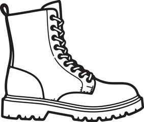 Black and white outline drawing of a lace-up combat boot with a thick sole shoe footwear on transparent background