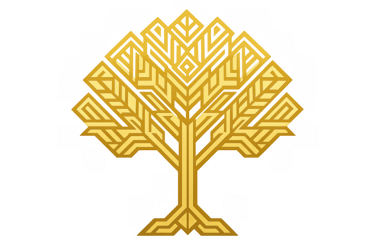 Geometric golden tree logo with wheat ears, stylized agricultural harvest symbol representing growth and abundance in art deco style - Powered by Adobe