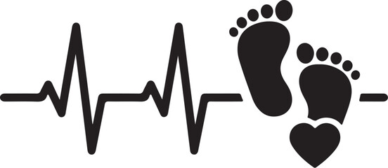 Heartbeat line with baby footprints and heart icon on white background Keywords: heartbeat, electrocardiogram, ekg, pulse, life, baby, infant, child, footprints, feet, toes, on transparent background