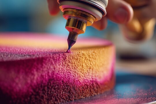 Close-up of cake decorating with airbrush, showcasing pink and golden hues for a vibrant and colorful dessert design, a culinary artist's confectionery creativity.