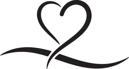 Stylized black silhouette of a heart intertwined with a flowing ribbon or swirl love romance on transparent background