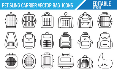 Set of Pet Carrier Bag Vector Icons in Outline Style for Cats and Dogs