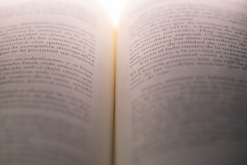 Macro shot of an open book with visible Spanish text, illuminated from above, symbolizing learning, literature, or focus on reading.