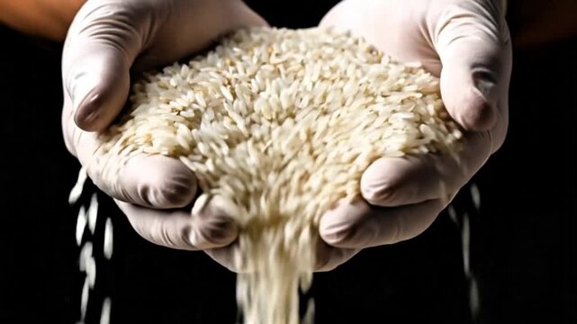 Video, the chef's hand holding white rice, a staple food, closeup
