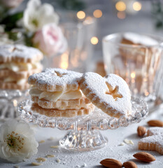 Herzplätzchen mit Vanillecreme und Puderzucker auf Glasetagere, festlich dekoriert mit Mandeln und Blumen