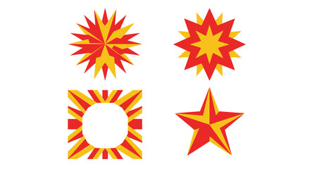 Four vibrant starbursts and star shapes in shades of red and yellow