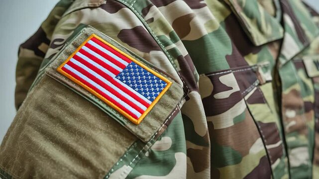 Close‑Up of U.S. Military Uniform Sleeve with American Flag Patch in Camouflage Pattern