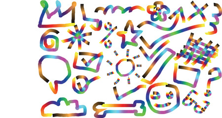 Colorful handmade rainbow brush stroke doodle set — abstract hand-drawn vector elements on white background