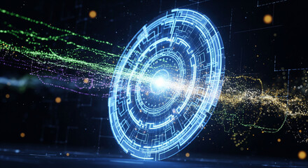 Cybersecurity lock concept – glowing digital shield protecting abstract data streams