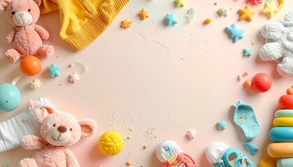 baby toys flat lay on pink background