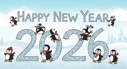 Happy New Year Penguins Celebrate 2026 Winter Celebration