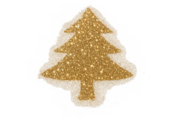 Golden glitter christmas tree shape or ornament on transparent background, symbolizing festive holiday season decoration