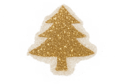 Golden glitter christmas tree shape or ornament on transparent background, symbolizing festive holiday season decoration