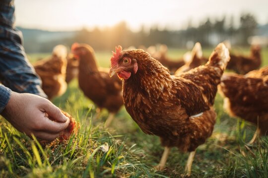 A close-up of a free-range hen being fed by a farmer on a grassy field at sunset, showcasing sustainable agriculture and ethical animal care in a rural setting. - Powered by Adobe