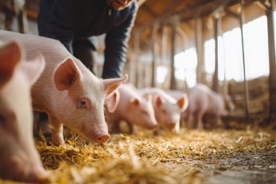 A group of curious piglets exploring a pig pen, with a farmer tending to their needs and ensuring their well-being in a warm, bright and cozy indoor farm environment.