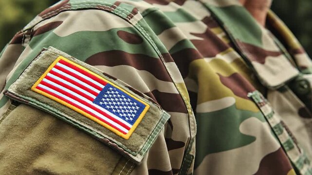 Close‑Up of U.S. Military Uniform Sleeve with American Flag Patch in Camouflage Pattern