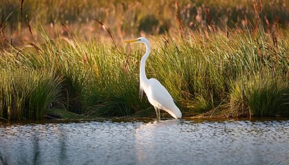 Fototapeta premium Great Egret Standing At Edge Of Marsh