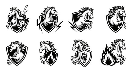 Collection of horse emblems featuring rearing horses with lightning, flames, and shields in black and white.