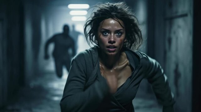 Scared girl runs away from murderer in dark corridor, face of young woman escaping like in horror movie, concept of chase and person fear