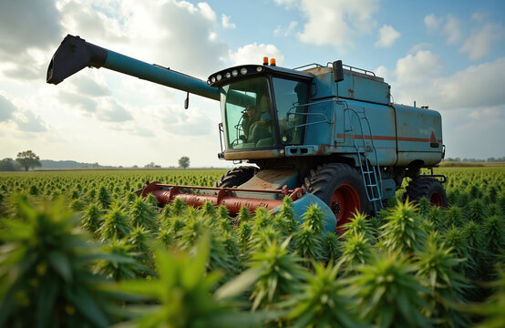 Blue combine harvester works in large field collecting green cannabis plants. Agricultural machine harvests CBD hemp crop on sunny day. Rural landscape with rows of plants.
