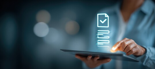 Person interacting with glowing digital checklist on a tablet device.