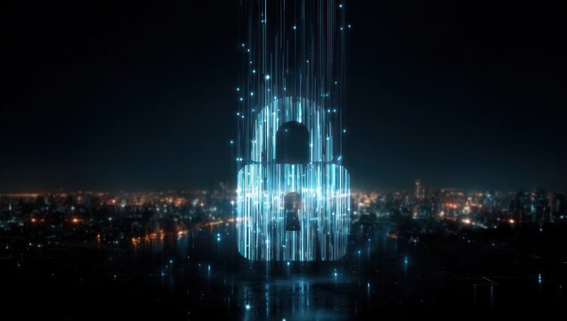 Glowing digital padlock hovers over a dark city skyline at night.