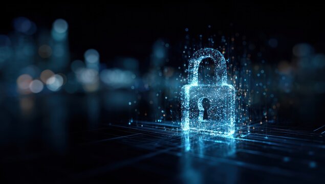 Glowing digital padlock hovers over dark abstract technology surface