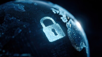Digital globe surface with glowing blue padlock icon in darkness