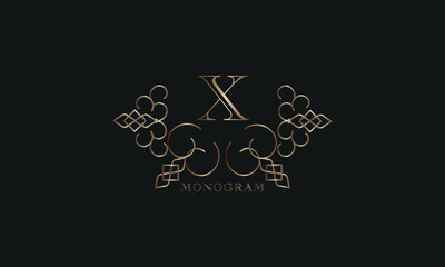Vector elegant element for design template, place for text with initial letter X. Lace decor for greeting card, invitation, label, business sign.