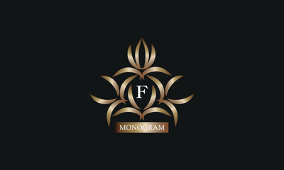 Elegant monogram design template with letter F in the center and place for text. Company brand design, emblem, invitation, label, business sign.
