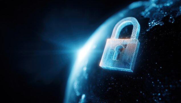 Digital padlock icon floating over a glowing abstract blue sphere.