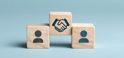 Wooden blocks show people icons and a handshake symbol.