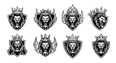 A collection of eight heraldic lion head crest illustrations, each with a crown.