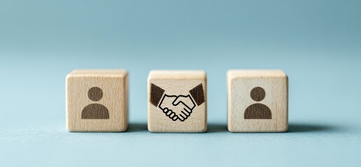 Wooden blocks show people icons and a handshake symbol.