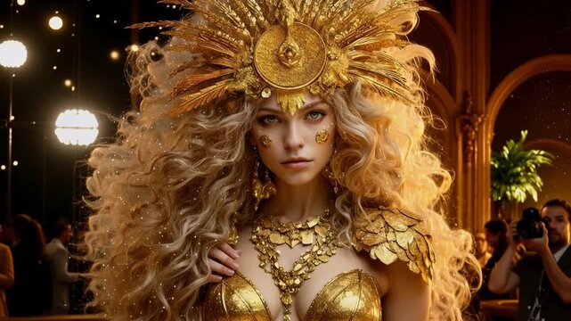 Zodiac sign of Leo as woman, adult girl model in gold luxury outfit at show, horoscope and astrology concept