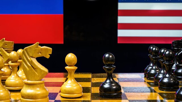 Russia vs USA, chess like geopolitics game, chessboard against Russian and American flags, concept of tension and politics