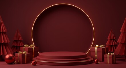 Merry Christmas product display stage. Festive 3D podium showcase with red gifts, paper trees, and glowing golden ring on a deep maroon backdrop.