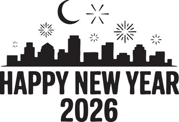 Minimal New Year 2026 design, bold black lines, solid shapes, no gradients, clean vector style, centered layout for T-shirt or hoodie print, white background, simple modern festive theme