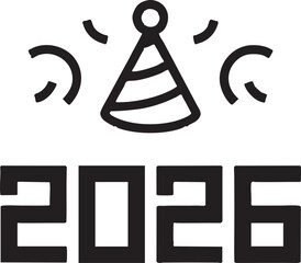 Minimal New Year 2026 design, bold black lines, solid shapes, no gradients, clean vector style, centered layout for T-shirt or hoodie print, white background, simple modern festive theme