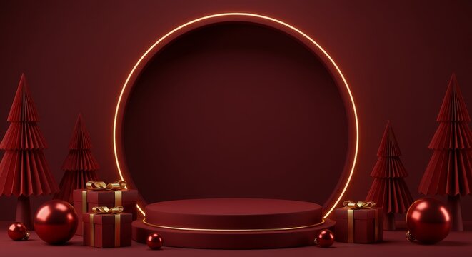 Festive Christmas product display podium in burgundy setting with neon gold circle light, paper trees, and gift boxes. Noel stage.