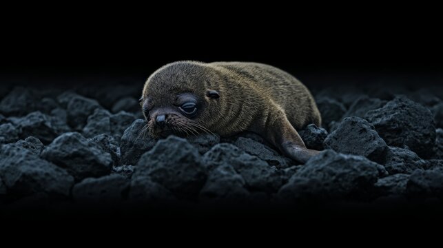 Seal pup struggles on oil-slicked rocks while facing the harsh realities of marine pollution in cold light setting