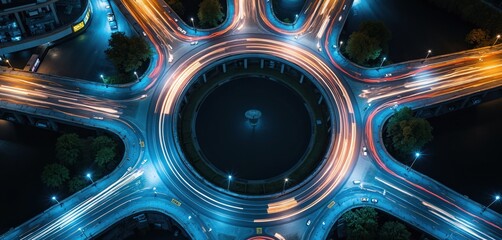 Aerial view shows cars moving on circular road at night with light trails. Busy urban intersection with flowing traffic, illustrating city life, infrastructure. This depicts congestion, movement.
