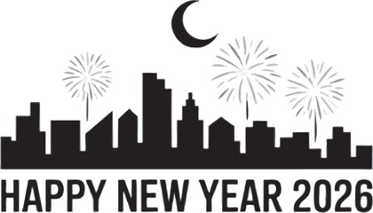 Minimal New Year 2026 design, bold black lines, solid shapes, no gradients, clean vector style, centered layout for T-shirt or hoodie print, white background, simple modern festive theme