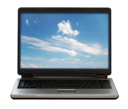 Modern Laptop with Blue Sky Background - Powered by Adobe