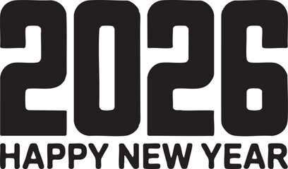 Minimal New Year 2026 design, bold black lines, solid shapes, no gradients, clean vector style, centered layout for T-shirt or hoodie print, white background, simple modern festive theme