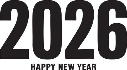 Minimal New Year 2026 design, bold black lines, solid shapes, no gradients, clean vector style, centered layout for T-shirt or hoodie print, white background, simple modern festive theme