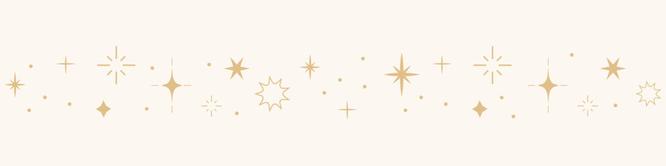 Celestial star border, golden line sparkle divider, simple elegant ornament. Festive shiny space elements. Magic separator, spiritual decoration.
